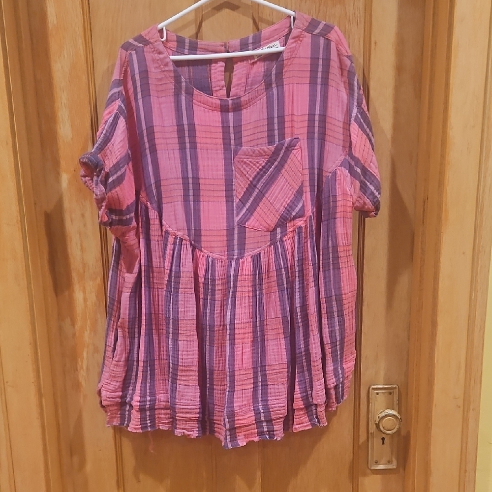 Free People Plaid Pink and Purple Women's Blouse